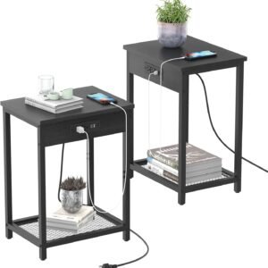 CADUKE Black Night Stand Set of 2 Bedside Table with Charging Station Small End Table with USB Ports and Power Outlets for Bedroom Living Room