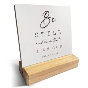 Country Be Still and Know That I am God Bible Verses Wooden Plaque Sign Desk Decor Rustic Motivational Psalm 46:10 Christian Desk Sign Decor for Home Office 4 x 4 Inches