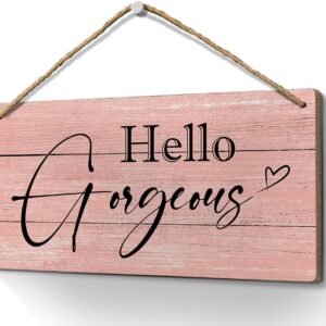 Heuhuww Hello Gorgeous Wall Decor Sign 6×12 Inch Pink Decorative Wood Signs for Home Bathroom Bedroom Dorm Decor,Minimalist Newfangled Glam Beauty Fashion Artwork