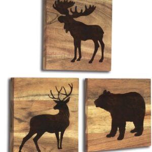 HomeRustique Real Wooden Cabin Decor with Bear, Deer and Moose (Set of 3) – Woodland Rustic Cabin Wall Decor & Art for Home, Living Room, Hunting Theme, Mountain Lodge or Bathroom