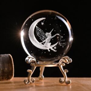 IFOLAINA 3D Fairy Crystal Ball with Stand 60mm Laser Engraved Moon Fairy Glass Ball Decorative Globes Crystal Fairy Sphere Gifts for Girl Her Fairy Lover Birthday Gifts for Daughters