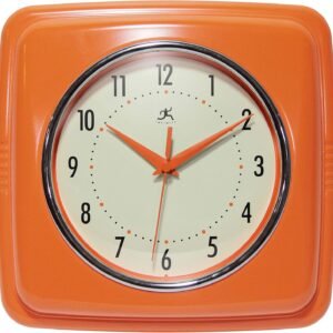 Infinity Instruments Retro Wall Clock – 9 Inch Square Clock – Quiet Non-Ticking Mid Century Current – Kitchen Clock Office Clock Diner Wall Clock – Vintage Wall Clock Decorative – Orange