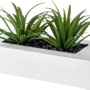 MyGift 10 Inch Artificial Green Grass Plants in White Wood Decorative Planter Pot – Faux Greenery in Rectangular Wooden Container for Tabletop Centerpiece Décor