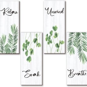 ONIZHITY 4 Pcs Farmhouse Bathroom Decor Green Decoration With Green Leaf Relax Soak Unwind Breathe Positive Wooden Wall Art Rustic for Home Bedroom Living Room Office Kithcen(Green Leaves 10X4 Inch)