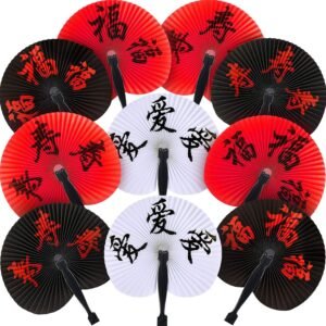 10 Pieces Chinese New Year Fans Chinese Character Folding Fan Oriental Handheld Paper Fans Japanese Round Fan for Wedding Birthday Party Supply Decoration (Time-honored Style)