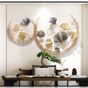 CDDUOLA 3D Room Wall Decor, Handmade Art Metal Round Golden Ginkgo Leaf Decorative Wall Sculpture for Home Living Room And Bedroom, 2 Pack