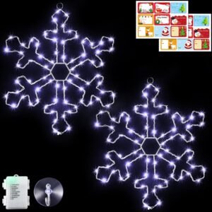 Hiboom 2 Pack Christmas Window Silhouette Lights, 70 LEDs Snowflake Light 12 Inch Snowflake Lighted Decorations Battery Powered 8 Lighting Modes Christmas Window Light for Christmas Decor (Cold White)