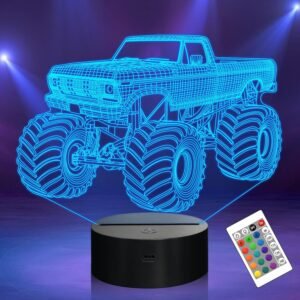 Monster Truck 3D Night Light for Kids Boys Gifts, Light Up Moster Trucks for Boys Bedroom Decor, Car Model LED Illusion Lamp 16 Colors Changing Lighting with Remote