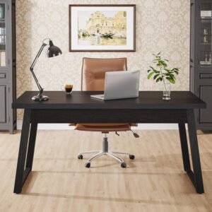 Tribesigns Home Office Executive Desk: 55 Inches Wooden Computer Desk with Drawer, Mid-Century Modern Study Writing Table, Rustic PC Laptop Desk Workstation Furniture, Black