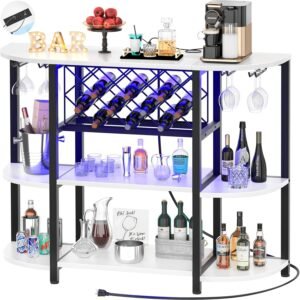 Unikito Bar Table Cabinet with Charging Station,Wine Rack Table with LED Lithe and Storage, Freestanding Floor Bar Cabinet for Liquor and Glasses for Home Kitchen Dining Room, White