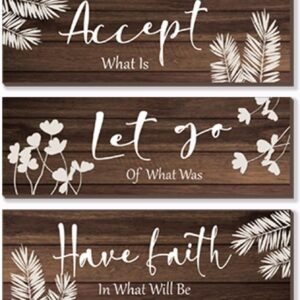 3 Pieces Brown Bathroom Decor Farmhouse Bathroom Accessories Rustic Brown Wooden Wall Signs with Positive Words Vintage Country Bathroom Decor for Home Laundry Room (Brown, 12×4 Inch)