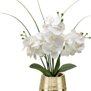 Artificial White Phalaenopsis Orchid Flower Arrangements Faux Orchid Flower in Gold Pot Orchid Centerpiece for Dining Room Table