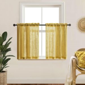 Mustard Yellow Kitchen Curtains Retro Vintage 70s Rod Pocket Small Semi Sheer Honey Gold Short Curtains for Bedroom 2 Panels Set Bathroom Decor Living Room Bay Windows Decorations 36 Inch Length