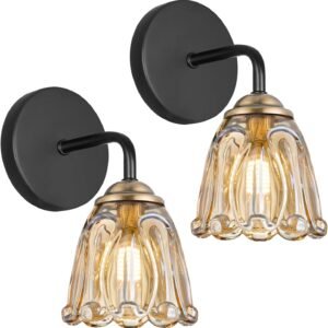 Vintage Wall Sconce Set of Two, Black and Gold Sconces Wall Lighting with Amber Glass, Sconces Wall Decor Set of 2, Brass Bathroom Delicate, Wall Delicate Fixture for Mirror, Living Room, Bedroom, Hallway